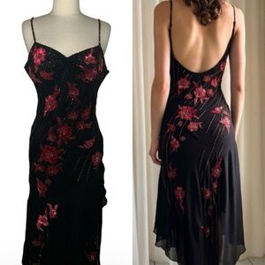 Vintage 90s Sue Wong Elegant Black Dress with Pinkish Red  Floral Accents